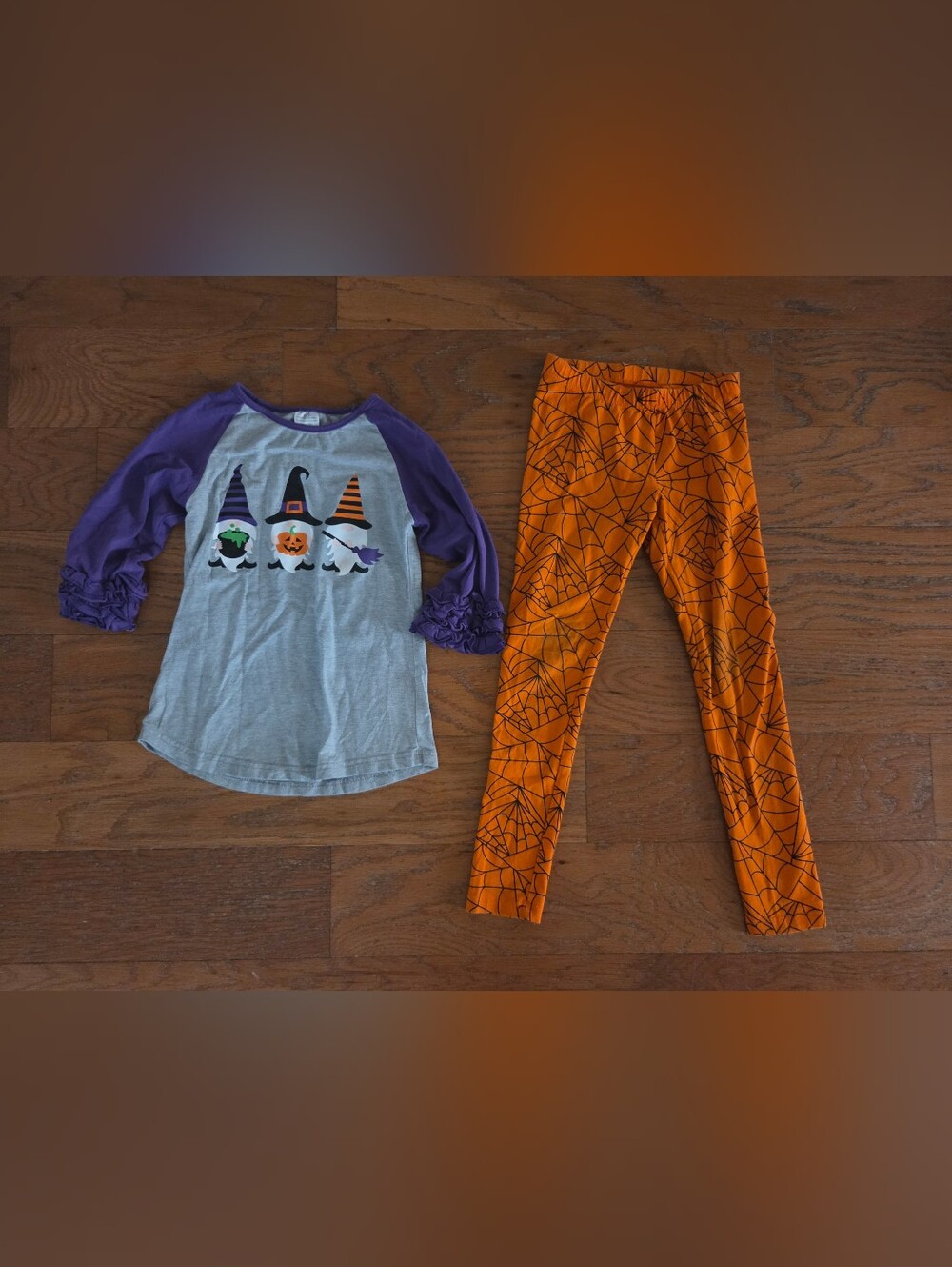 Kids Halloween Gnome Top and Spiderweb Leggings - Purple & Orange